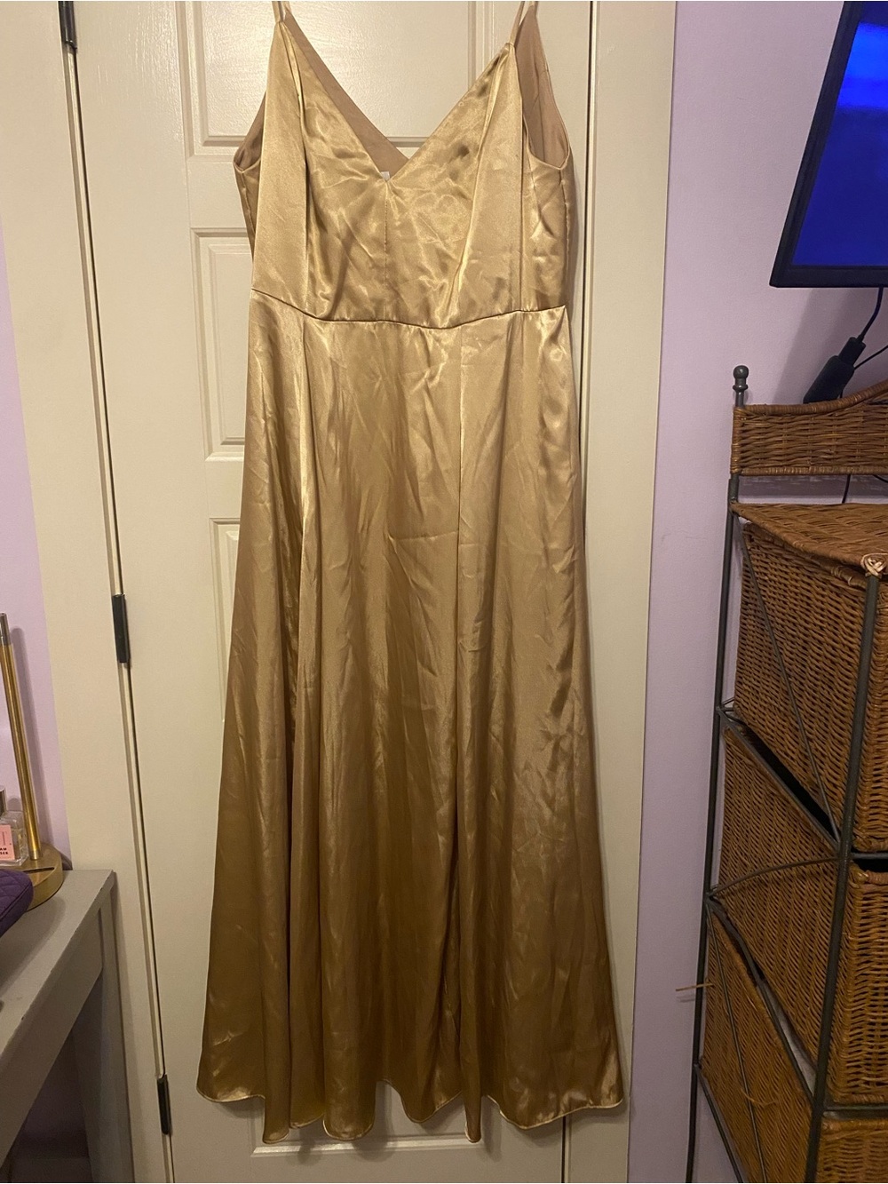 Satin V-Neck Slip Dress in Champagne